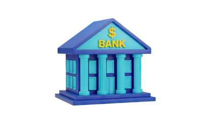 3D cartoon bank building with dollar sign and pillars on transparent background