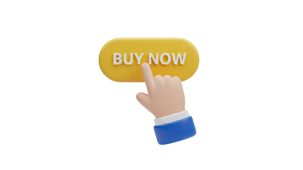 3D Cartoon Hand Clicks "Buy Now" Button on transparent background