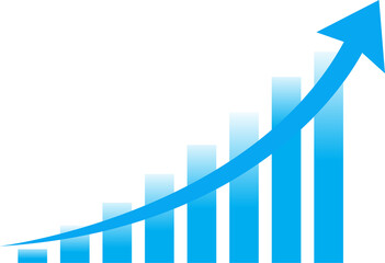 Blue gradient bar graph with an upward trending line illustrating growth