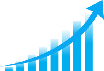 Blue gradient bar graph with an upward trending line illustrating growth