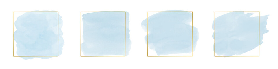 ベクターの青い水彩風にじみとゴールドフレームのセット