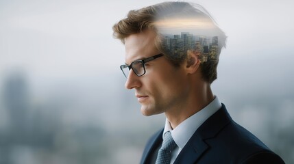 A business lawyer silhouette double-exposed with skyscrapers and contract diagrams, symbolizing corporate law, mergers, and commercial negotiations. cinematic color correction, natural uneven