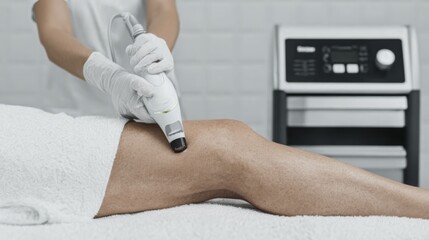 Close-up of laser hair removal on legs in a modern beauty clinic setting