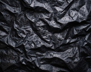 Abstract Dark Crumpled Plastic Texture with Glistening Water Droplets.