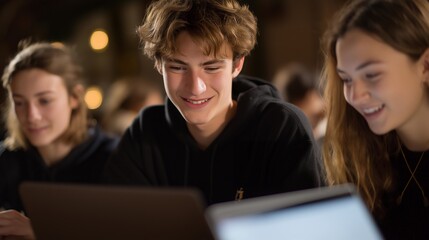 Students collaborating across countries via video call, laptops open to shared documents, representing global education and cultural exchange. cinematic color correction, natural uneven lighting