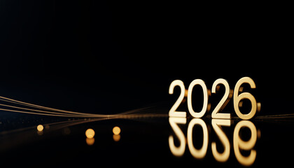 Luxury New Year background with realistic glowing metallic 2026 numbers on dark glossy surface, soft golden bokeh, ideal for festive banners and marketing.