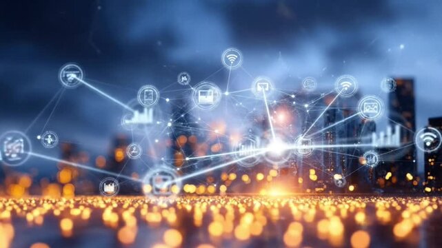 This immersive animated background showcases a futuristic smart city skyline, rendered in deep blue hues and adorned with an intricate overlay of glowing digital network connections. Abstract white li