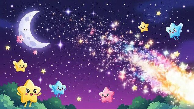Cute cartoon stars and moon in a magical night sky with a shooting star.