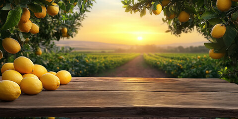 A pile of fresh ripe lemons placed on a rustic wooden table with a beautiful lemon orchard in the background glowing under warm morning sunlight. This image conveys freshness, organic farming