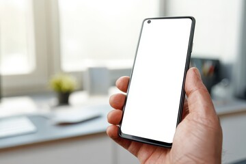 Photographic mockup: hand presenting a sleek smartphone with an empty display area for marketing layouts