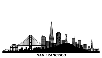 Fototapeta premium A black and white silhouette of the San Francisco skyline, featuring iconic landmarks like the Golden Gate Bridge and the Transamerica Pyramid.