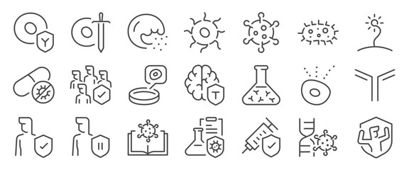 Immunology and virology icon set. It includes medical, lab, research, cell, immunity, disease, and more icons. Editable Vector Stroke.