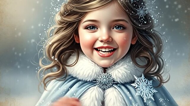 Girl smiling joyfully while brushing snowflakes from her face, concept of winter playfulness and childhood joy. Useful for advertisements or articles focused on winter activities and family fun video.