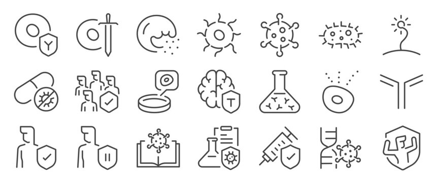 Immunology and virology icon set. It includes medical, lab, research, cell, immunity, disease, and more icons. Editable Vector Stroke.
