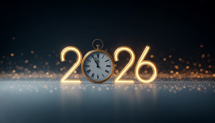 Elegant New Year background with glowing golden 2026 numbers, clock showing almost midnight, soft bokeh and sparkles, ideal for festive banners.