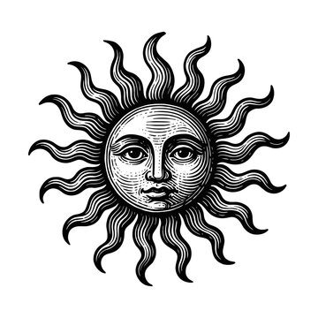 Vintage sun illustration with human face and rays.