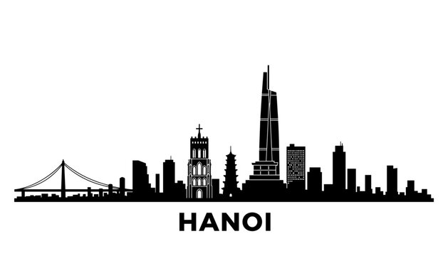 A black and white silhouette of the Hanoi skyline, featuring iconic landmarks and modern skyscrapers.