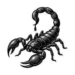 Intricate black and white scorpion illustration with detailed tail and claws.