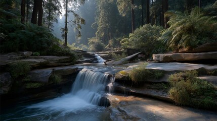 A cascading waterfall flowing over layered rock formations in a dense forest, mist rising as sunlight filters through trees to create a dramatic natural landscape. cinematic color correction,