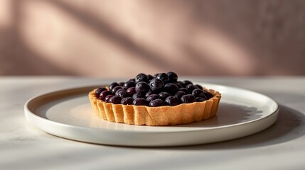 A modern dessert presentation of blueberry cheese pie with clean cuts, served on a minimalist white plate.