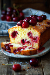 Juicy Cherry Sponge Cake Slice with Airy Crumb and Whole Cherries on Rustic Wooden Table, Natural Morning Light