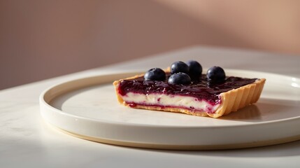 A modern dessert presentation of blueberry cheese pie with clean cuts, served on a minimalist white plate.