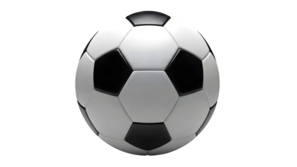 Soccer ball with black and white panels on a transparent background