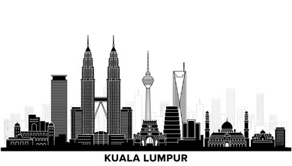 Fototapeta premium A black and white silhouette of the Kuala Lumpur skyline, featuring iconic skyscrapers and landmarks.
