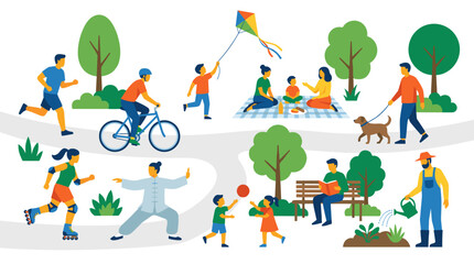 Fototapeta premium People enjoying various outdoor leisure activities in a vibrant park, including jogging, cycling, picnicking, dog walking, rollerblading, Tai Chi, playing, reading, and gardening.