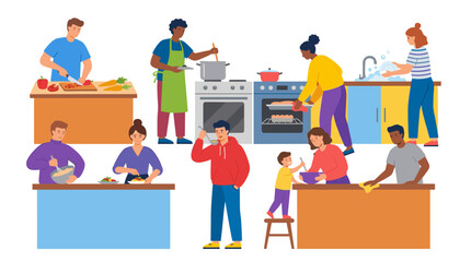 Diverse group of people cooking, preparing food, and doing various kitchen chores together in a lively household setting.