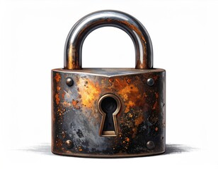 Close-up of a weathered, metallic padlock with keyhole detail