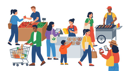 A vibrant outdoor market scene with diverse people shopping for fresh produce, grilled food, and pretzels.