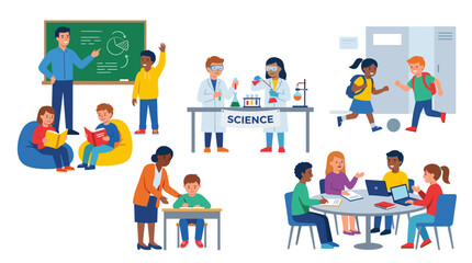Diverse group of students and teachers engaged in various educational activities within a school setting, including classroom learning, science experiments, and collaborative group work.