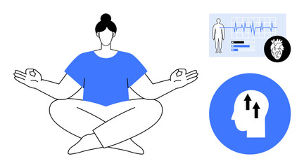 Mental health concept. Mental health practices thumbs up meditation and mindfulness . Brain activity and heart health illustrated for awareness. For wellness, healthcare, fitness apps, stress relief