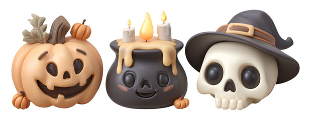 Whimsical 3D Clay Figurines of Halloween Pumpkin, Cauldron, and Skull for Cozy Nights