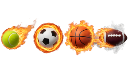 Four sports balls on fire isolated on transparent background with flames around them in a row
