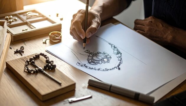 A hand sketches a necklace design on paper with jewelry items nearby - Powered by Adobe