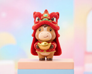 Cute 3D cartoon horse character wearing lion dance hat holding gold ingot for Chinese New Year 2026