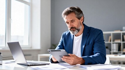 Businessman Analyzing Data, Professional Work, Office Environment, Digital Tablet, Laptop, Business Strategy, Executive Focus, Productivity Tools