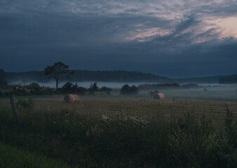 Misty morning in the countryside with hay bales in field at dawn, with a dark sky over rural landscape