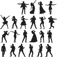 Obraz premium Singer and dancer silhouette collection, men and women performing, singing, dancing poses, stage performance, music show, entertainment, isolated on white background
