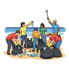 Volunteers Cleaning Up Plastic Trash on Sandy Beach Environment Vector