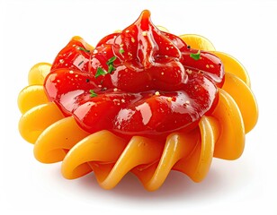 Swirled noodles topped with red sauce and green sprinkles, isolated on white