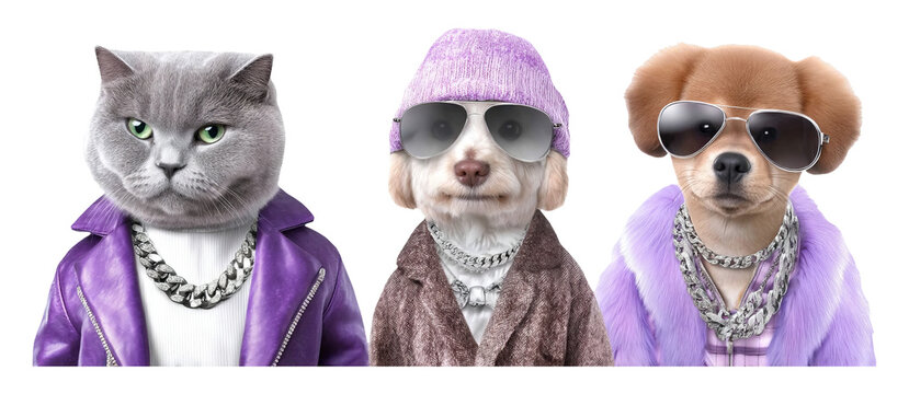 Stylish Animals in Trendy Outfits with Sunglasses Displaying Fashionable Attitude