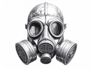 Detailed, grayscale rendering of a gas mask, head-on