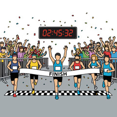 Marathon Runner Crossing Finish Line with Cheering Crowd and Timer Vector