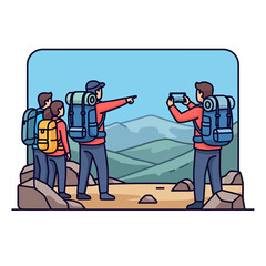 Hikers with Backpacks Admiring Scenic Mountain View on Trail Vector