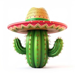 Playful green cactus character wearing a colorful sombrero