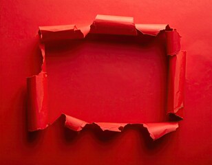 Torn red paper creating a rectangular frame, revealing an empty space