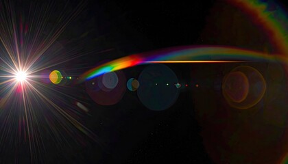 Bright light flare with rainbow refraction against a dark background